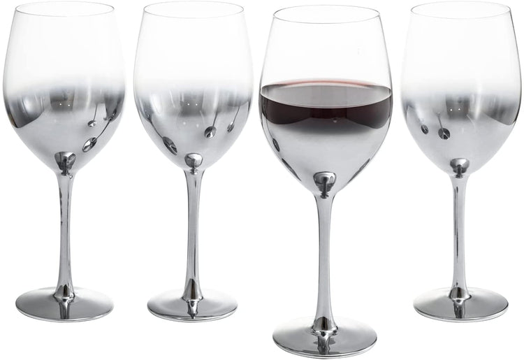 Dark Silver Metal Tone Stemmed Wine Glasses with Reflective Smokey Gradient Design, Set of 4