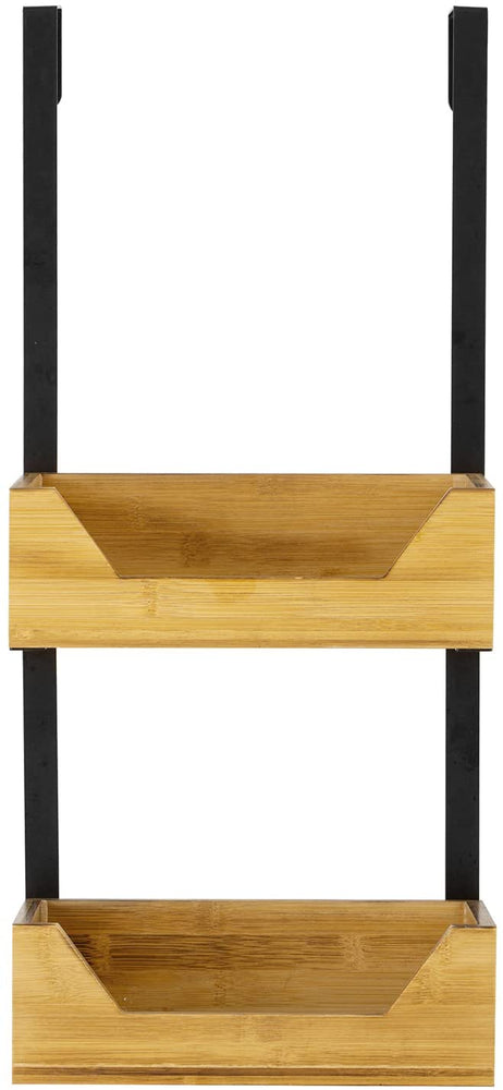 2-Tier Bamboo Over-the-Door Hanging Wall Organizer, Bathroom Accessories Toiletries Storage Caddy with Black Metal Frame-MyGift