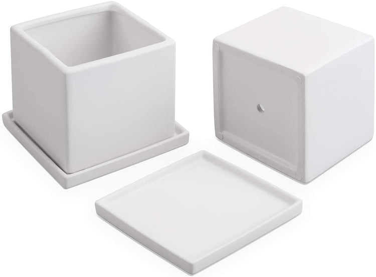 Set of 2 White Square Ceramic Planters with Matching Removable Saucers-MyGift