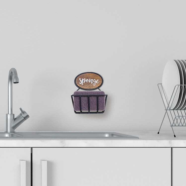 Burnt Wood and Industrial Black Metal Kitchen Sponge Holder with Cursive “Sponge” Label
