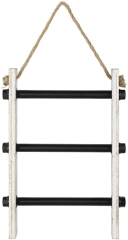 3-Tiered Whitewashed Wood and Industrial Pipe Wall Mounted Hand Towel Holder Ladder with Rustic Rope-MyGift