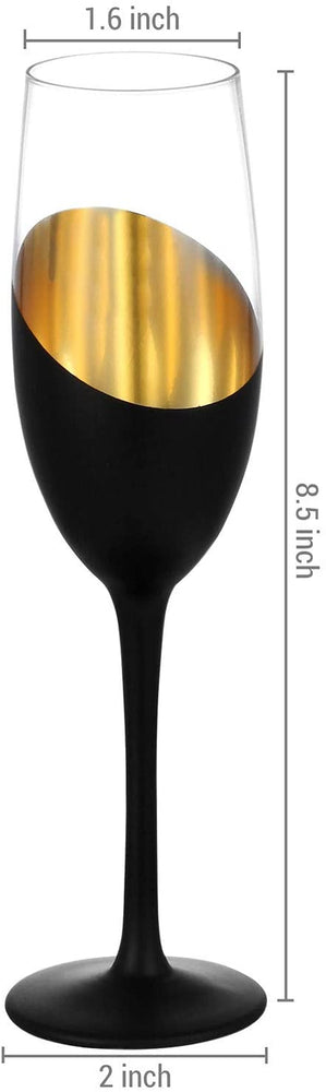 Set of 4, Modern 8 oz Stemmed Champagne Flutes, Black and Gold Plated Drinking Glasses-MyGift