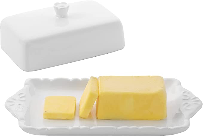 Large White Butter Holder with Lid, Vintage Ceramic Butter Dish Keeper - Holds 2 Sticks of Butter-MyGift