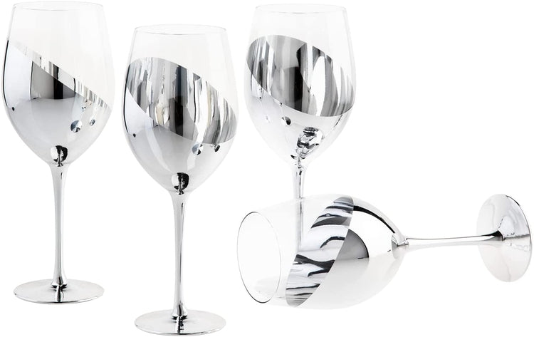 Set of 4, 14 oz Stemmed Wine Glasses with Silver Angled Metallic Accent-MyGift