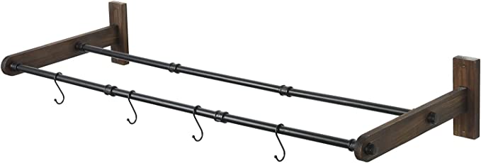 Wall Mounted Black Metal Pipe Yoga Exercise Ball Storage Rack with Rustic Wood Backing & 4 Hanger S-Hooks-MyGift