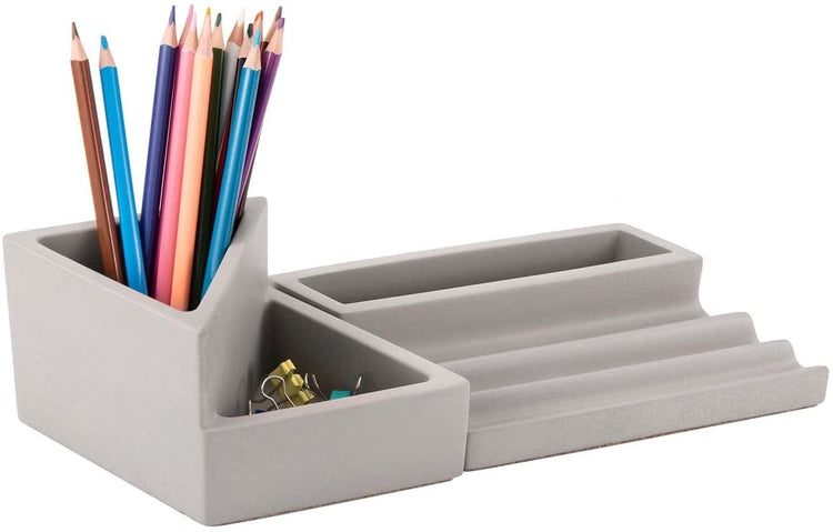 Gray Concrete Stationery Desk Tray, Pen Holder, and Mini Succulent Planter, 2 Piece Set
