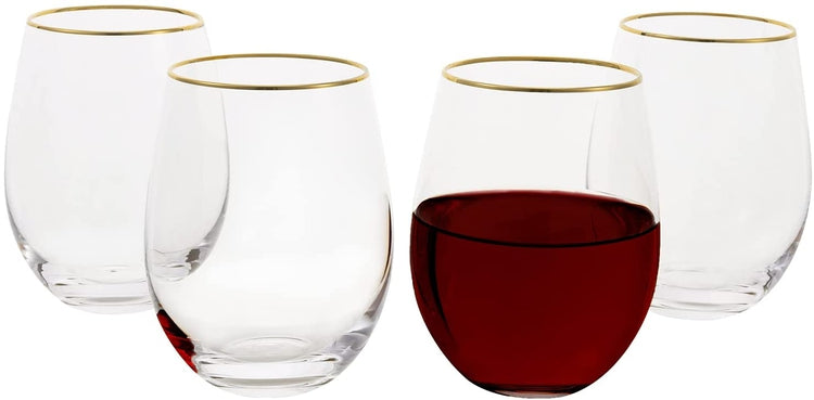 Set of 4, Brass-Plated Rimmed Stemless Wine Glass Set, Elegant Drinkware Glasses-MyGift