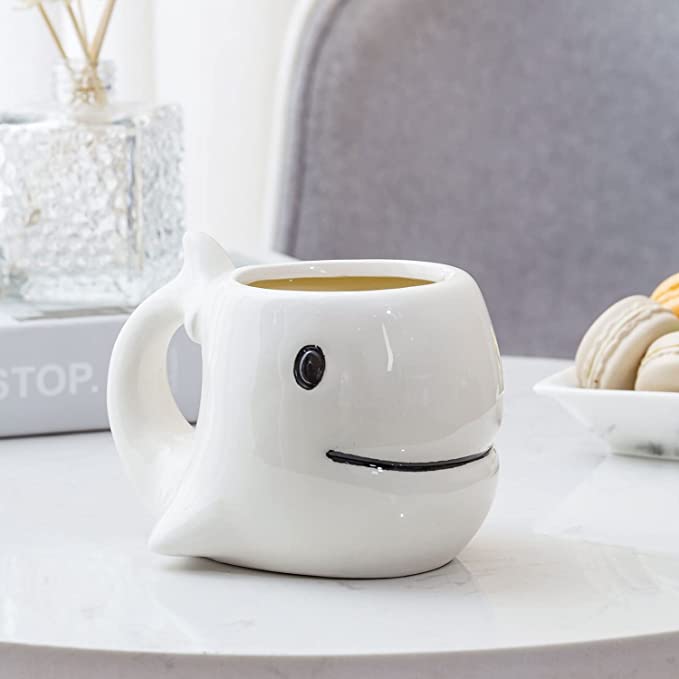 White Ceramic Whale Shaped Coffee Mug with Handle and Smiling Whale Design, Novelty Gift Mugs-MyGift