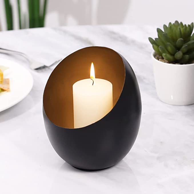 Black Candle Holder, Round Black and Gold Votive or Taper Candleholder Vase with Angle Design