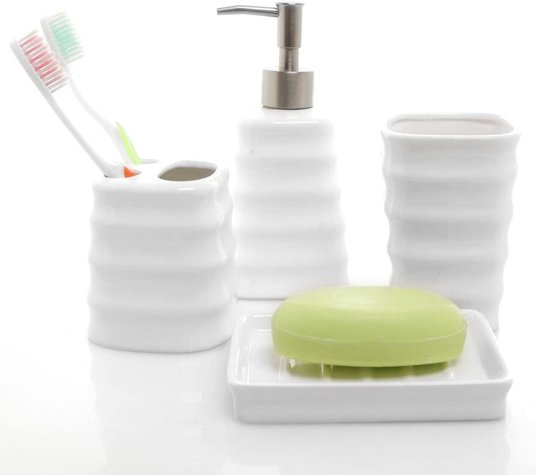 4 Piece Ribbed White Ceramic Bathroom Accessory Set w/Toothbrush Holder, Tumbler, Soap Dish & Dispenser-MyGift