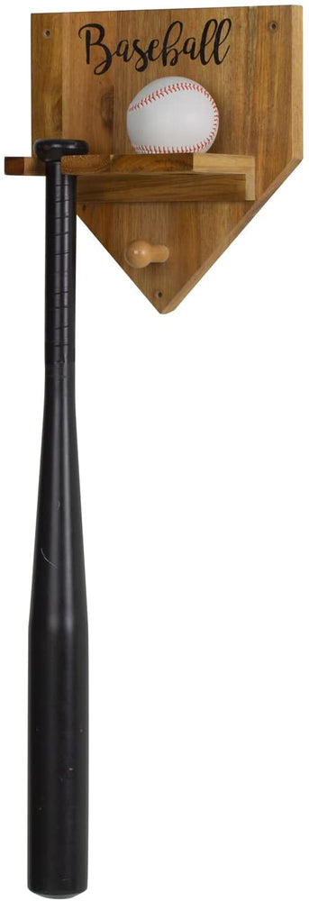 Wall Mounted Acacia Wood Home Base Shaped Baseball Display Rack with Bat Slot, Ball Holder, Hanging Peg for Cap or Glove