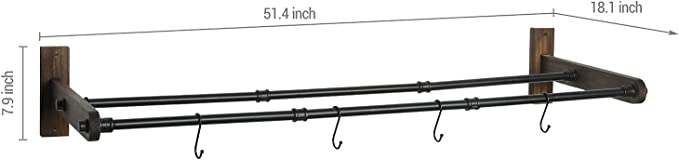 Wall Mounted Black Metal Pipe Yoga Exercise Ball Storage Rack with Rustic Wood Backing & 4 Hanger S-Hooks-MyGift