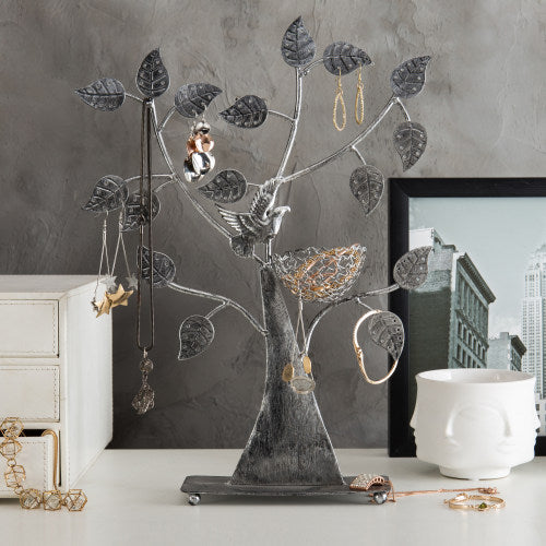 Silver Metal Tabletop Jewelry Tree with Bird Nest