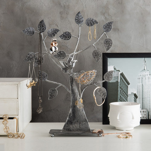 Silver Metal Tabletop Jewelry Tree with Bird Nest-MyGift