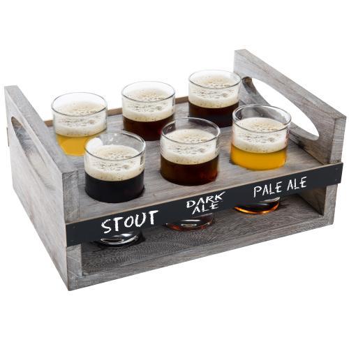 MyGift 6-Glass Craft Beer Tasting Flight Set with Rustic Wood Serving Caddy - MyGift Enterprise LLC