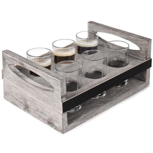 MyGift 6-Glass Craft Beer Tasting Flight Set with Rustic Wood Serving Caddy - MyGift Enterprise LLC