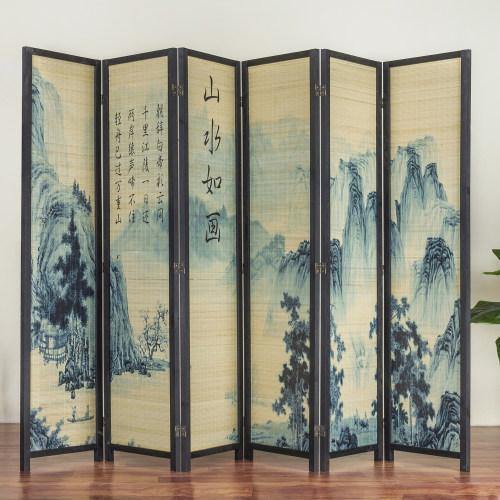 6-Panel Bamboo Room Divider with Asian Calligraphy Artwork - MyGift