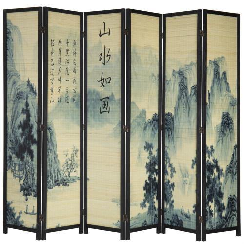 6-Panel Bamboo Room Divider with Asian Calligraphy Artwork - MyGift