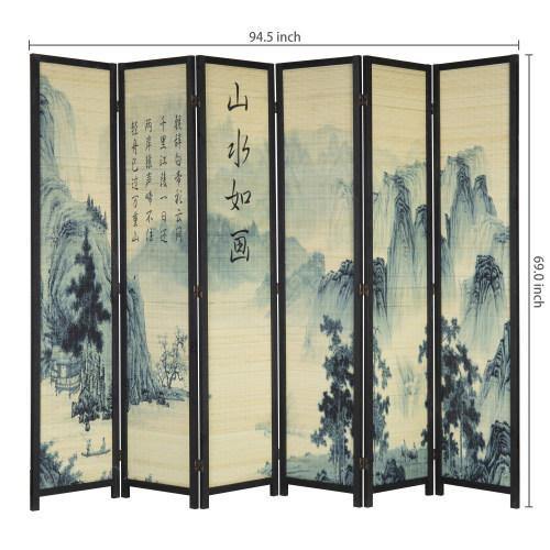 6-Panel Bamboo Room Divider with Asian Calligraphy Artwork - MyGift