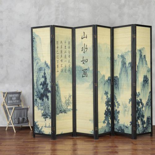 6-Panel Bamboo Room Divider with Asian Calligraphy Artwork - MyGift