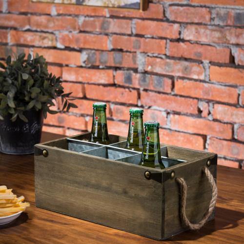 6-Slot Barnwood & Galvanized Metal Wine/Beer Bottle Crate with Handles - MyGift