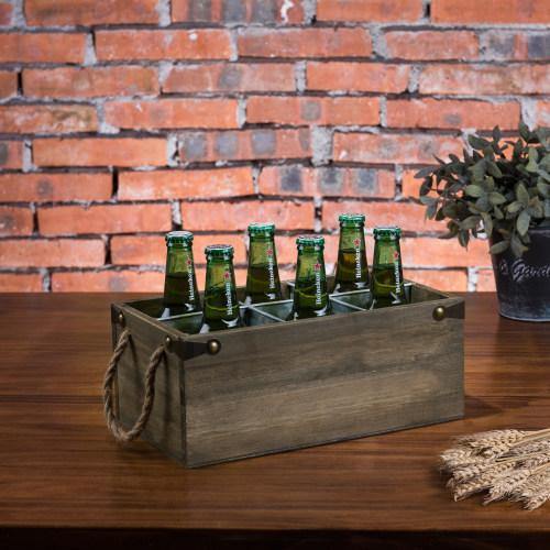 6-Slot Barnwood & Galvanized Metal Wine/Beer Bottle Crate with Handles - MyGift