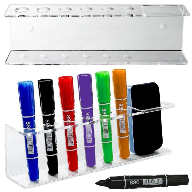 6 Slot Clear Acrylic Dry Erase Board Marker and Eraser Holder Tray, Set of 2