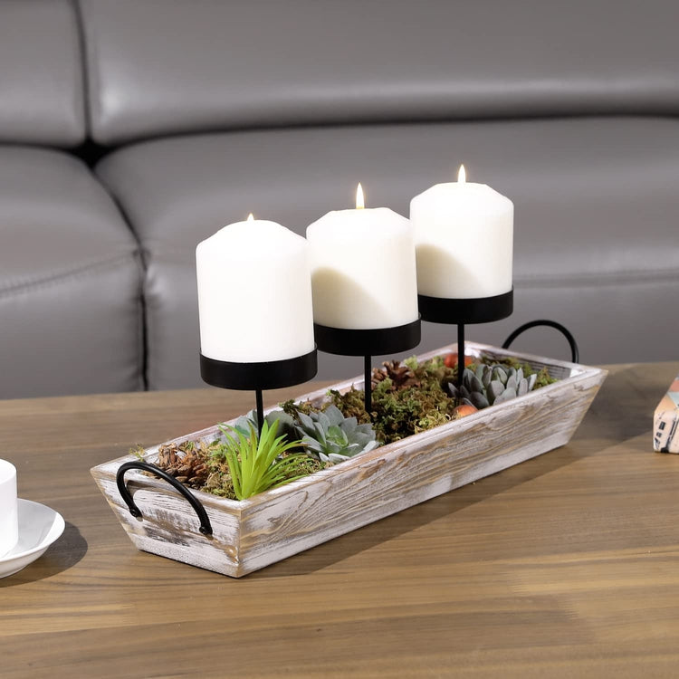 Tabletop Display Candle Holder with Black Metal Pillar Pedestals and Decorative Whitewashed Wood Tray Base-MyGift