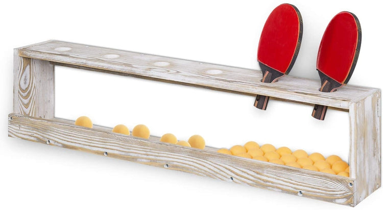 Whitewashed Wood, Wall Mounted Ping Pong Paddle Display Rack with Ball Storage Shelf-MyGift