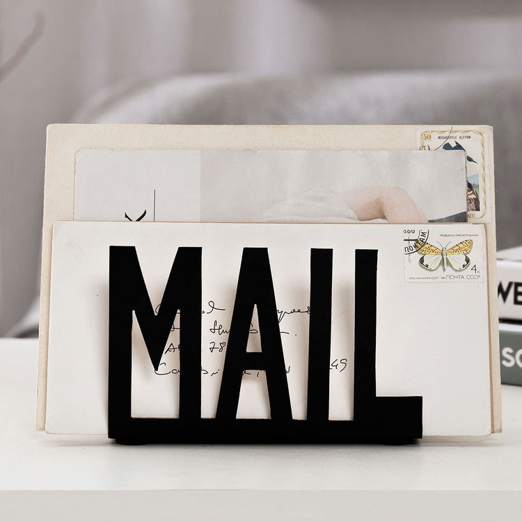 Metal Desktop Mail Holder, Office Desk Letter Sorter Organizer with MAIL Cutout Design, Black and Gold-MyGift