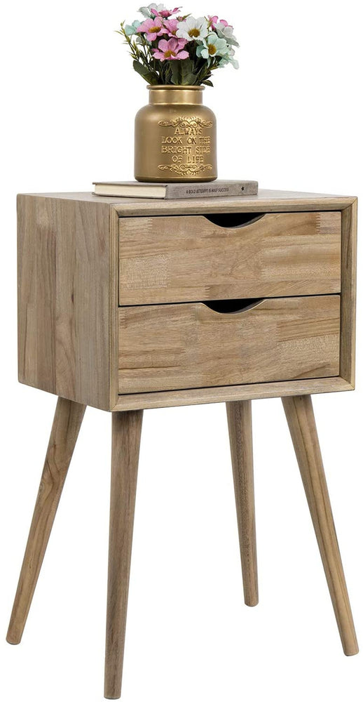 Light Brown Solid Wood Dual Drawer Nightstand-MyGift