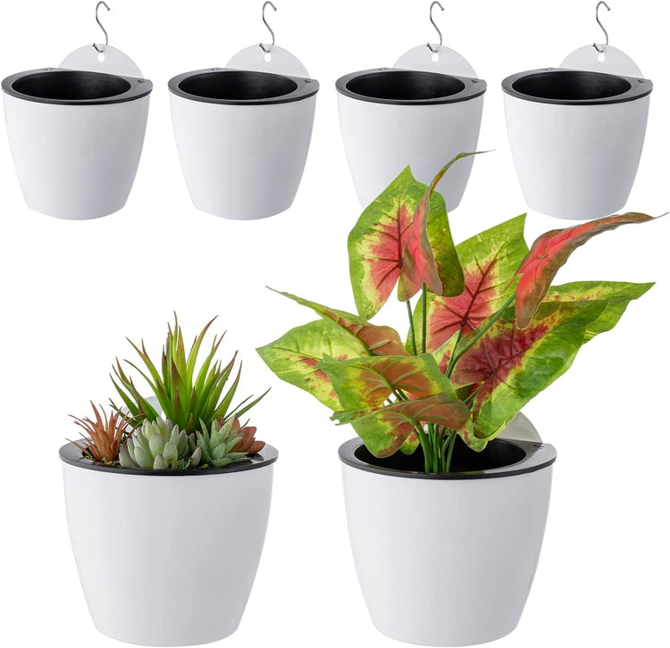 Set of 6, 7 Inch Wall Mountable Self Watering White Planter Pots, Hanging Hard Plastic Pot for Herb Succulent Cactus-MyGift