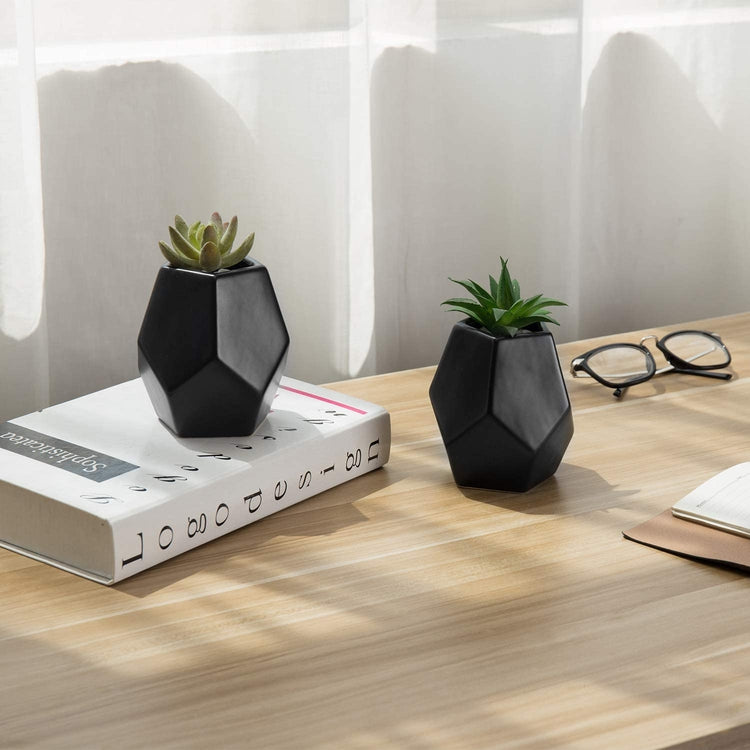Set of 2, Matte Black Ceramic Geometric Flower Vases-MyGift