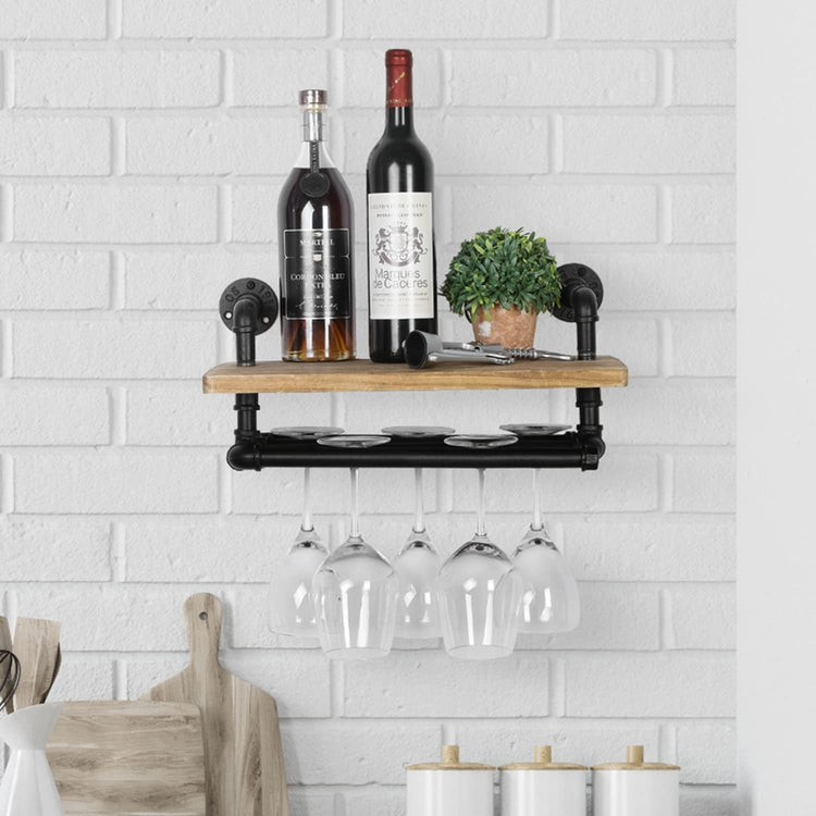 Industrial Black Metal Wine Glass Holder, Wall Rack Bar Stemware Hanger with Burnt Wood Floating Shelf, Holds 6 Glasses
