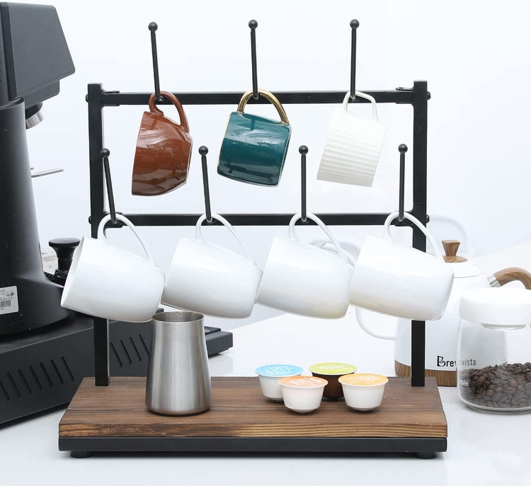 Coffee Mug Holder Stand, Burnt Wood and Black Metal Tabletop Coffee Cup Storage Tree, 2-Tier Countertop Drinkware Rack