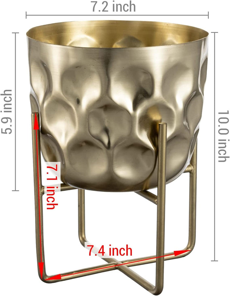 7 Inch Hammered Brass Tone Metal Flower Planter Pot with Decorative Riser, Plant Pot with Display Stand-MyGift