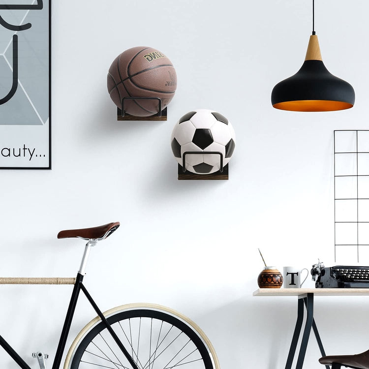Black Metal and Burnt Wood Wall Mounted Sports and Exercise Ball Storage Rack, Set of 2