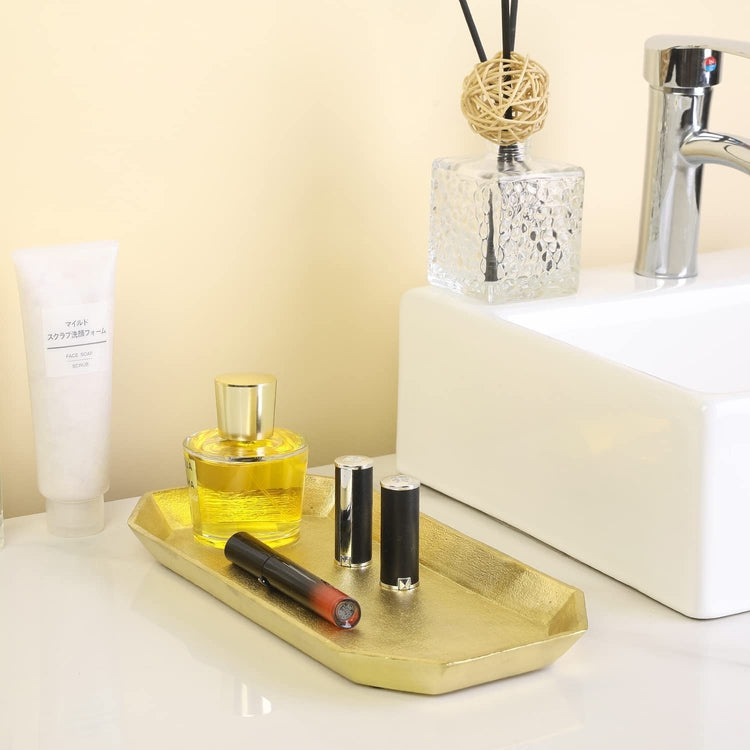 Deluxe Bathroom Vanity Tray, Gold Textured Metal Display Jewelry Tray
