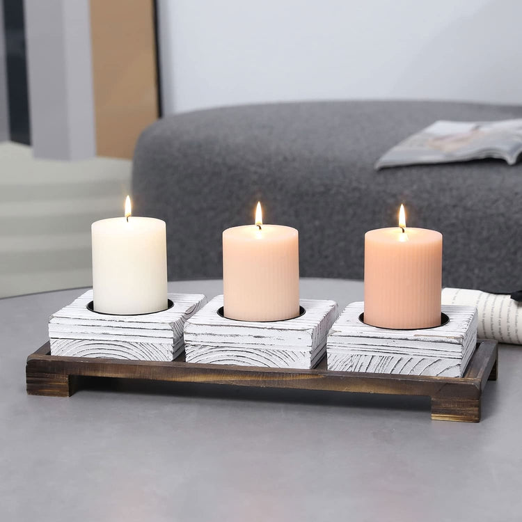 4 Piece, Candle Centerpiece with Whitewashed Wood and Matte Black Metal Pillar Candleholder Set with Burnt Wood Tray