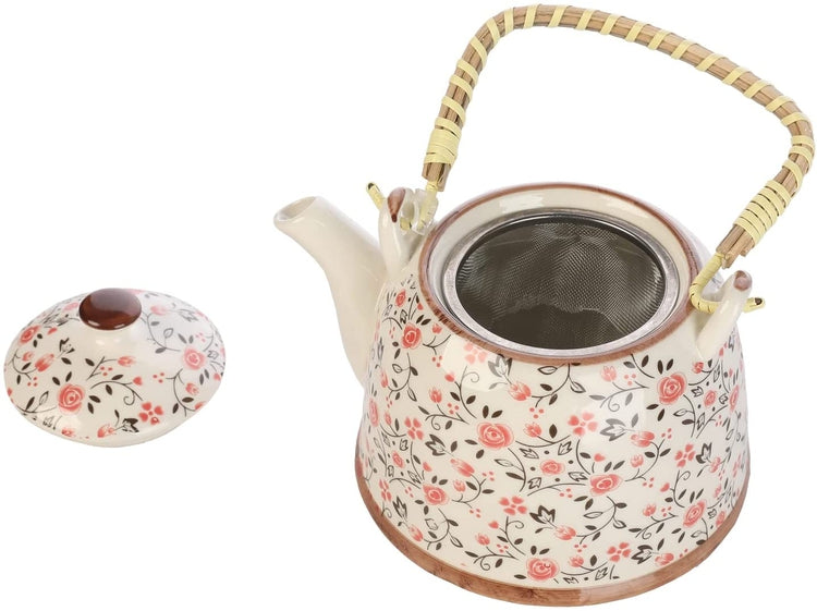 Japanese Ceramic Tea Service Set Pink Rose Pattern Design, Teapot with Bamboo Top Handle, Tea Leaf Strainer, 6 Teacups-MyGift
