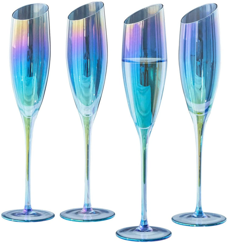 Set of 4, Blue Iridescent Champagne Glasses, Angled Stemmed Flute Glassware-MyGift