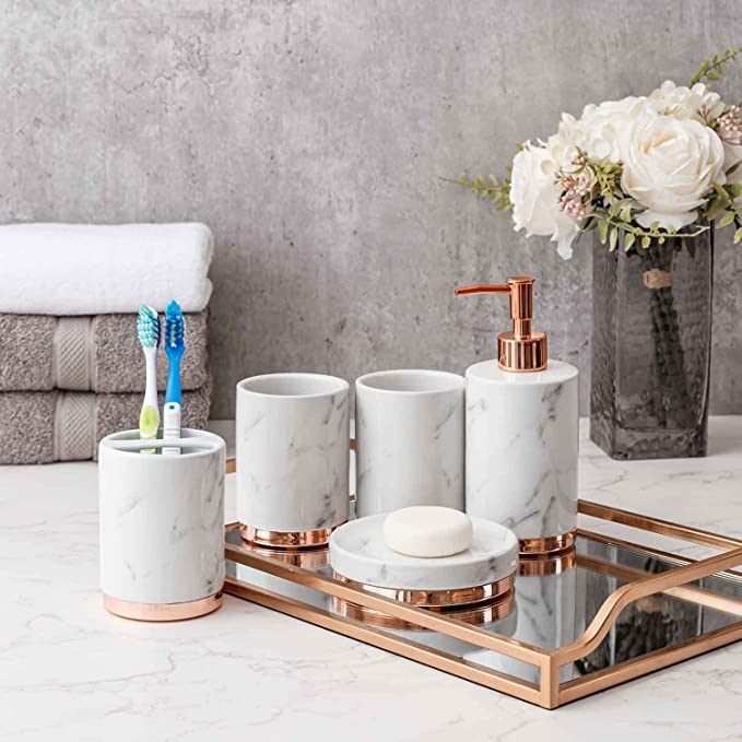 Modern Bathroom Accessories Set, Bath Accessory with Toothbrush Holder,  Pump Dispenser, Tumbler and Soap Dish