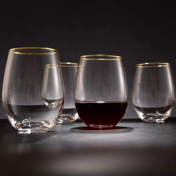 Brass-Plated Rimmed Stemless Wine Glass Set, Elegant Drinkware Glasses, Set of 4