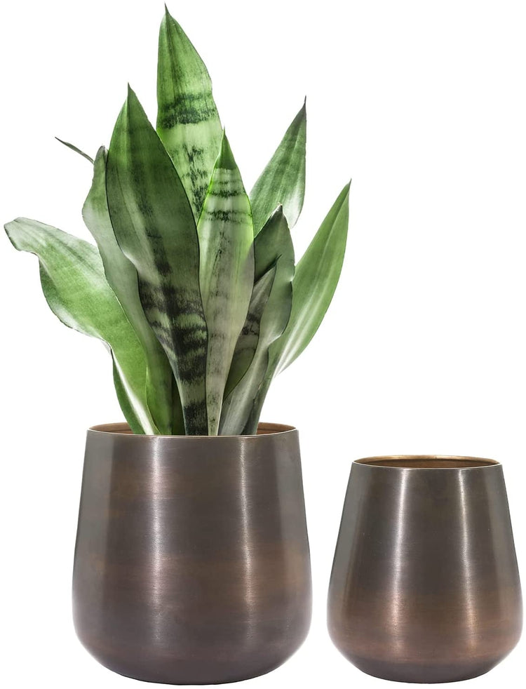Set of 2, Flower Vase Copper Tone Brushed Metal Tapered Cylindrical Planter, Decorative Indoor Plant Pot-MyGift