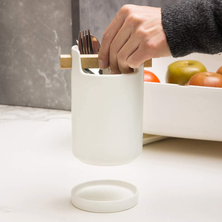 Modern White Ceramic Utensil Crock + Cutlery Caddy with Drainage Tray-MyGift