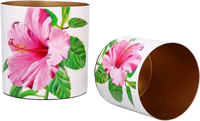 Metal Plant Pot with Glossy Hibiscus Print Pattern and Brass Interior, Colorful Flower Pot and Succulent Planter Container, Set of 2-MyGift
