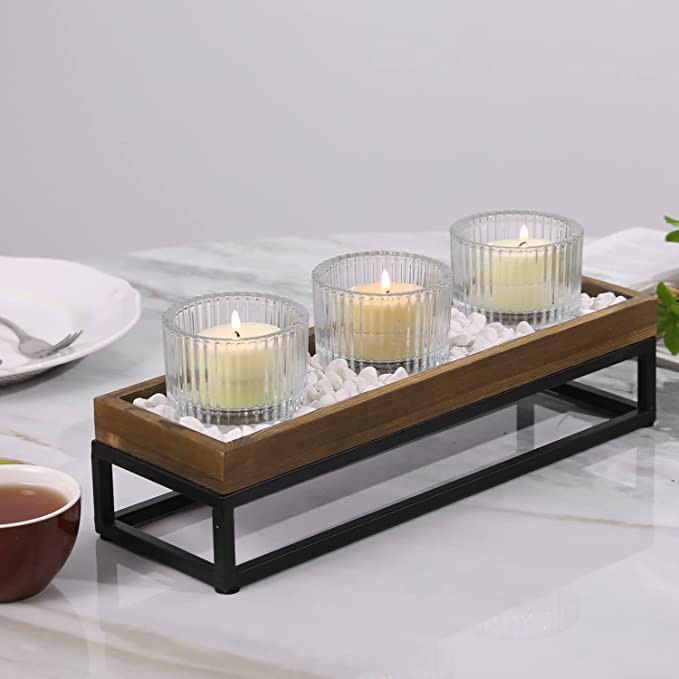 Burnt Wood & Black Metal Tabletop Candle Holder Set Includes Ribbed Clear Tealight Cups & White Stone Filler