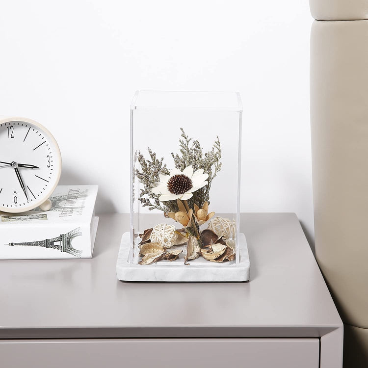 Clear Acrylic Cloche Display Case with Small Square White Marble Base