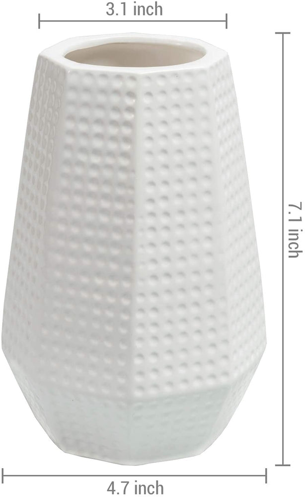 Set of 2, 7-Inch Dimpled White Ceramic Tabletop Flower Vase Planter Pot with Geometric Cutout Design-MyGift