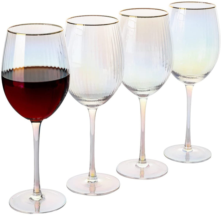 Modern Ribbed Textured Translucent Iridescent Stemmed Wine Glasses wit –  MyGift
